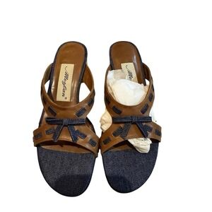 Mezlan Heeled Brown Leather Denim Sandals Bow Size 5.5‎